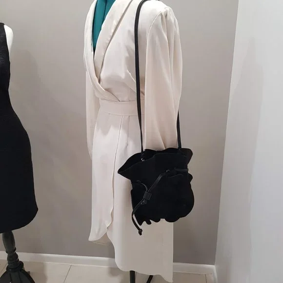 SEED Black Suede Like Ruffled Drawstring Bucket Bag - Picture 2 of 11